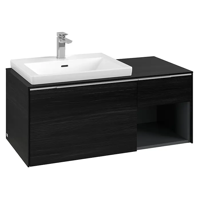 Villeroy & Boch Subway 3.0 Waschbeckenunterschrank - Black Oak, Anzahl Schubladen: 2 Stk., Farbe Griff: Aluminium glänzend, B x T x H: 100,1 x 51,6 x 42,3 cm, Mit Beleuchtung, Offenes Fach rechts - Moderner Waschtischunterschrank aus dunklem Holz mit integriertem weißen Waschbecken und Chromarmatur, mit Schublade und offenem Fach.