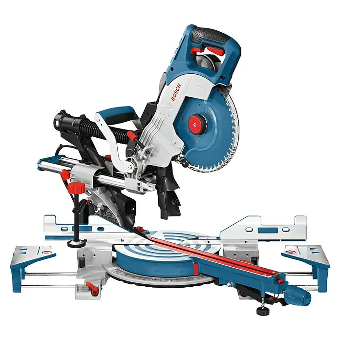 Bosch Professional Paneelsäge GCM 8 SDE - 1.600 W, Durchmesser Sägeblatt: 216 mm - Nahaufnahme einer Bosch Kapp- und Gehrungssäge mit blauem Sägeblatt, ideal zum Schneiden von Holz und anderen Materialien.