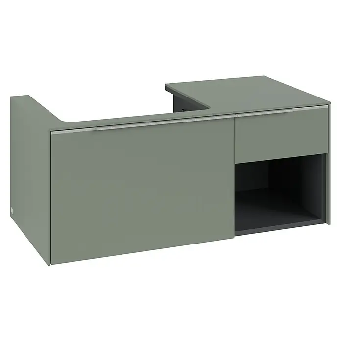 Villeroy & Boch Subway 3.0 Waschbeckenunterschrank - Soft Green, Anzahl Schubladen: 2 Stk., Farbe Griff: Aluminium glänzend, B x T x H: 100,1 x 51,6 x 42,3 cm, Mit Beleuchtung, Offenes Fach rechts - Graugrüner wandmontierter Waschtischunterschrank mit L-förmiger Platte, langer Schublade, kleiner Schublade und offenem Regal.