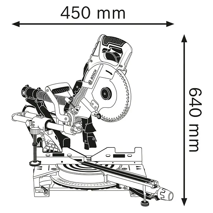 Bosch Professional Paneelsäge GCM 8 SDE - 1.600 W, Durchmesser Sägeblatt: 216 mm - Abbildung einer Kapp- und Gehrungssäge mit den Maßen 450 mm Breite und 640 mm Höhe. Ideal für präzise Holzarbeiten.