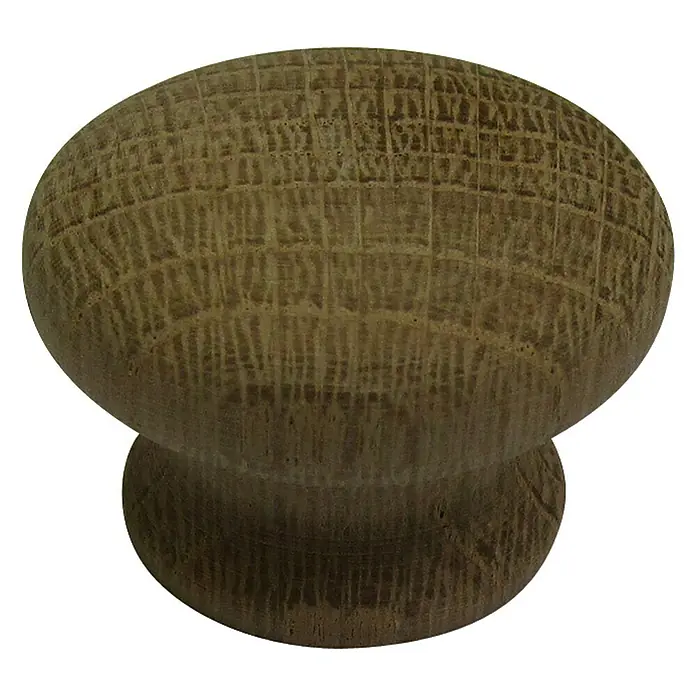 Häfele Pomo para muebles - Tipo de tirador del mueble: Botón, Ø x Al: 37 x 25 mm, Lacado - Primer plano de un tirador de madera para muebles con detalle de veta sobre un fondo blanco, ideal para diseños rústicos o naturales.