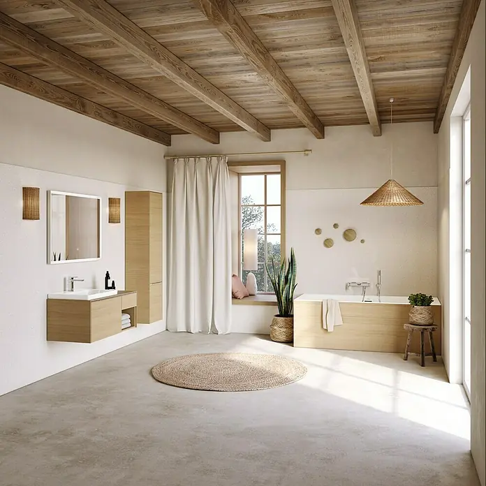 Villeroy & Boch Subway 3.0 Waschbeckenunterschrank - Nordik Oak, Anzahl Schubladen: 2 Stk., Farbe Griff: Aluminium glänzend, B x T x H: 100,1 x 51,6 x 42,3 cm, Mit Beleuchtung, Offenes Fach rechts - Modernes Badezimmer mit Holzbalkendecke, Holzmöbeln, geflochtenen Akzenten und hellem Betonboden.