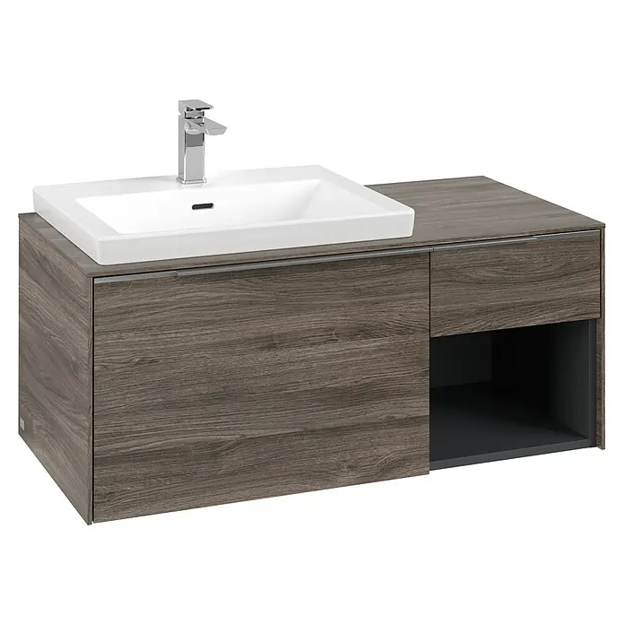 Villeroy & Boch Subway 3.0 Waschbeckenunterschrank - Stone Oak, Anzahl Schubladen: 2 Stk., Farbe Griff: Aluminium glänzend, B x T x H: 100,1 x 51,6 x 42,3 cm, Mit Beleuchtung, Offenes Fach rechts - Dunkle Holzwaschtisch mit weißem Keramikbecken, Chromarmatur und Stauraum.