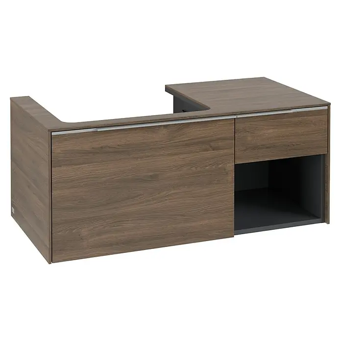 Villeroy & Boch Subway 3.0 Waschbeckenunterschrank - Arizona Oak, Anzahl Schubladen: 2 Stk., Farbe Griff: Aluminium glänzend, B x T x H: 100,1 x 51,6 x 42,3 cm, Mit Beleuchtung, Offenes Fach rechts - Dunkelbrauner L-förmiger Schrank mit silbernem Griff und offenem dunkelgrauen Ablagefach.