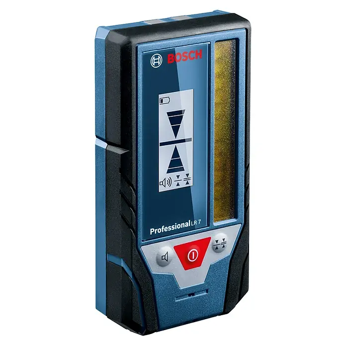 Bosch Professional Laserempfänger LR 7 - Passend für: Verschiedene Bosch Professional Kombi- und Linienlaser der GCL und GLL Serie - Blau-schwarzer Bosch Professional LR 7 Laserempfänger mit Display für Nivellierindikatoren und Tasten, sowie goldfarbenem Empfangsfenster.