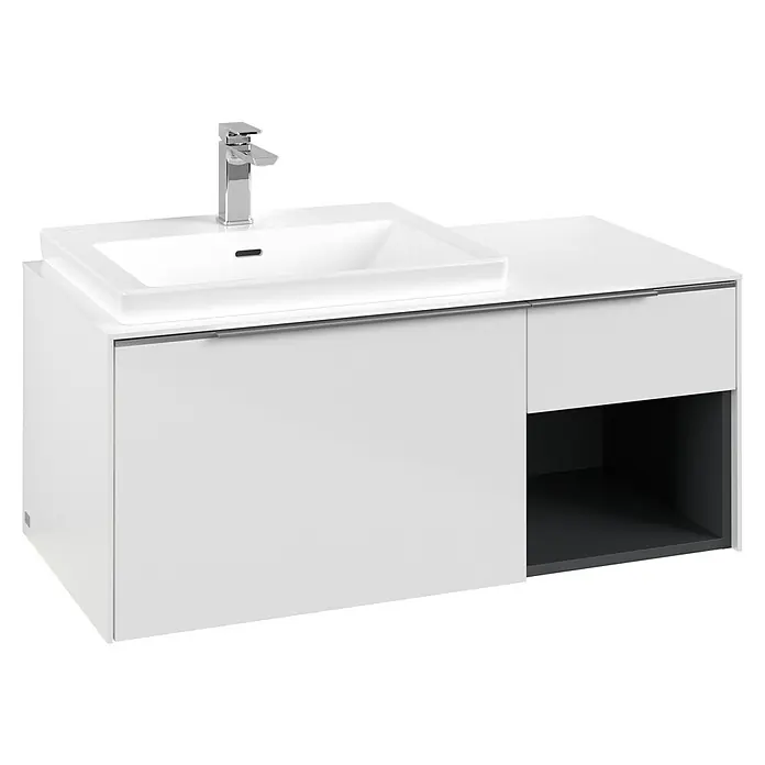 Villeroy & Boch Subway 3.0 Waschbeckenunterschrank - Brilliant White, Anzahl Schubladen: 2 Stk., Farbe Griff: Aluminium glänzend, B x T x H: 100,1 x 51,6 x 42,3 cm, Mit Beleuchtung, Offenes Fach rechts - Moderner weißer Badunterschrank mit integriertem Waschbecken, Chromarmatur und offenem dunkelgrauem Stauraum.
