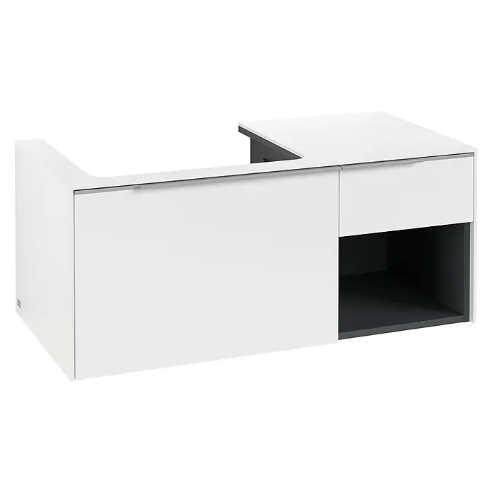 Villeroy & Boch Subway 3.0 Waschbeckenunterschrank - Pure White, Anzahl Schubladen: 2 Stk., Farbe Griff: Aluminium glänzend, B x T x H: 100,1 x 51,6 x 42,3 cm, Mit Beleuchtung, Offenes Fach rechts - Weißer Waschtischunterschrank mit integriertem Waschbeckenbereich, einer Schublade und einem offenen Fach.