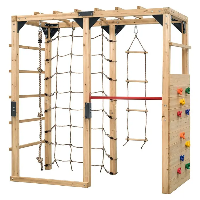 Swing King Kinderspielturm Jack - L x B x H: 210 x 100 x 215 cm, Holz - Hölzerner Kletterturm für Kinder mit Leitern, Kletternetz, Seil, Klimmzugstange und bunter Kletterwand.
