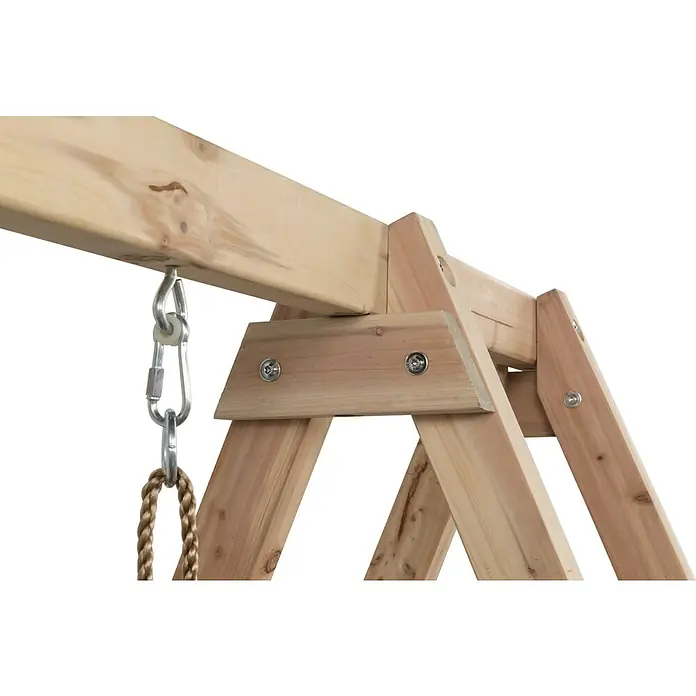 Swing King Doppelschaukel Ava - L x B x H: 73 x 245 x 170 cm, Holz, Blau - Nahaufnahme eines Holzschaukelrahmens mit Bolzen und Seilaufhängung, der die robuste Konstruktion und das sichere Design hervorhebt.