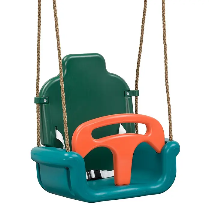 Swing King Babyschaukel - L x B x H: 30 x 47 x 47 cm, Kunststoff, Altersempfehlung: 0 Jahre - 3 Jahre, Gelb/Türkis/Orange - Eine grüne und türkise Kinderschaukel mit orangefarbenem Griff und Seilen, ideal für sicheren Spaß im Freien.