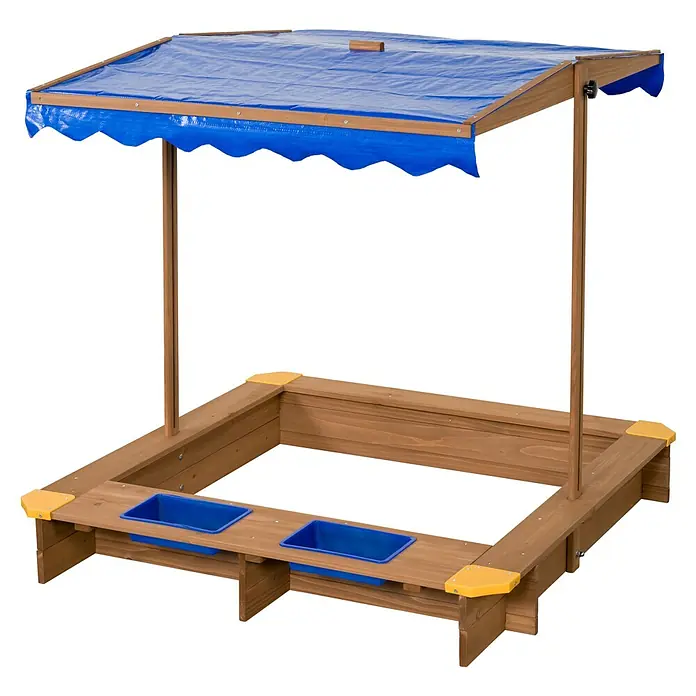 Swing King Sandkasten Ibiza - 120 x 120 x 18 cm - Hölzerner Sandkasten mit blauem Sonnendach und zwei eingebauten blauen Behältern für Spielzeug oder Wasser.