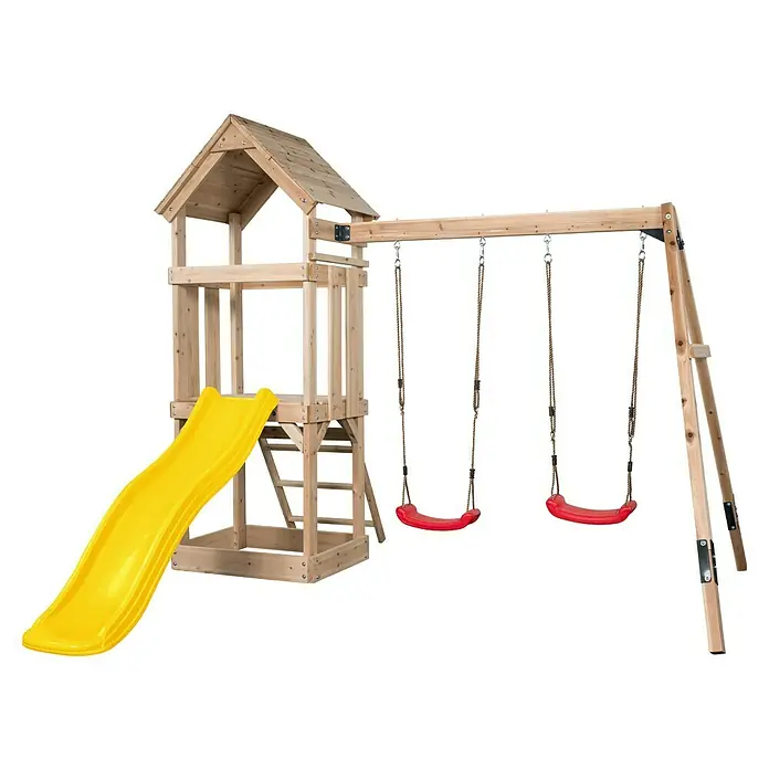 Swing King Kinderspielturm Noa - L x B x H: 280 x 265 x 235 cm, Gelb - Holzspielplatz mit gelber Rutsche, Spielturm und drei roten Schaukeln.