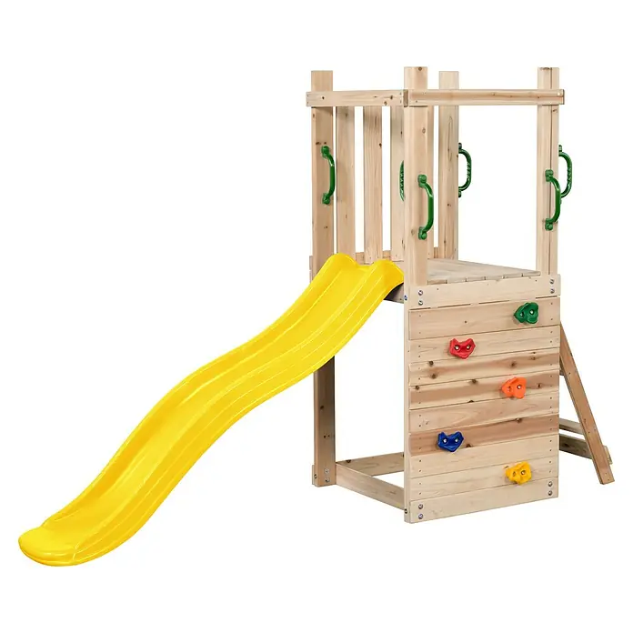 Swing King Kinderspielturm Mari - L x B x H: 245 x 73 x 170 cm, Gelb - Hölzerner Spielturm mit gelber Rutsche und bunter Kletterwand.