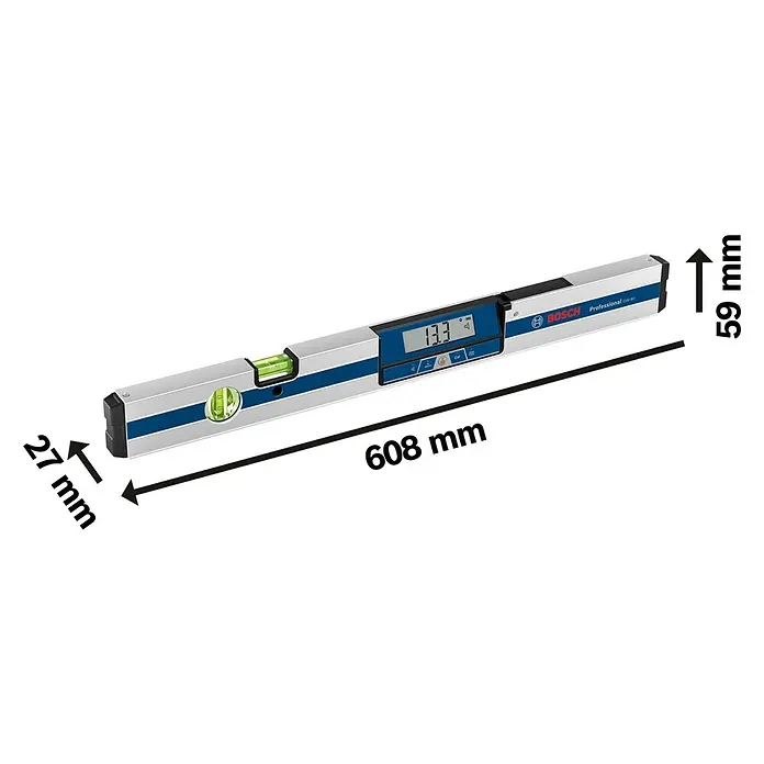 Bosch Professional Digitale Wasserwaage GIM 60 - 600 mm, Messbereich: 0 ° - 360 ° (4 x 90 °) - Eine digitale Wasserwaage von Bosch Professional ist abgebildet, inklusive der Abmessungen Länge, Breite und Höhe.