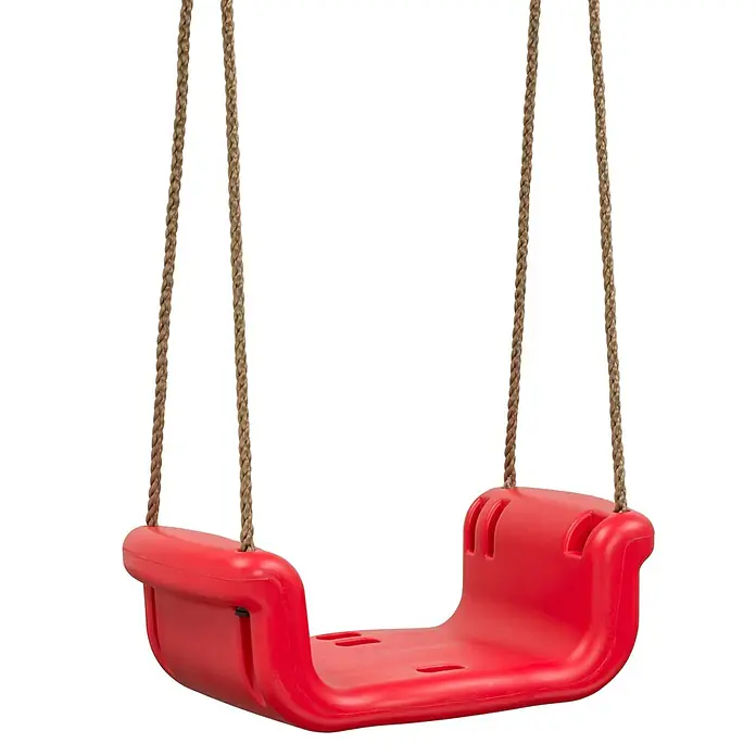 Swing King Babyschaukel - L x B x H: 30 x 47 x 47 cm, Kunststoff, Altersempfehlung: 0 Jahre - 3 Jahre, Gelb - Ein rotes Schaukelsitz mit robusten Seilen hängt vor einem neutralen Hintergrund, ideal für Kinder zum Spielen und Spaß haben im Freien.
