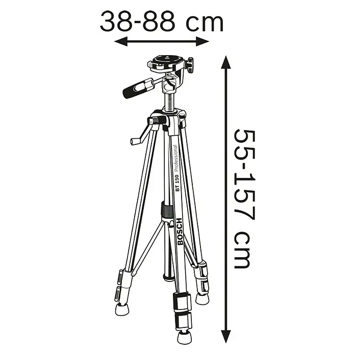 Bosch Professional Stativ BT 150 - Stativ-Gewinde: ¼″ - Abbildung eines Kamerastativs mit Höhen- und Breitenangaben. Kompaktes und leichtes Design für Foto- und Videoaufnahmen.