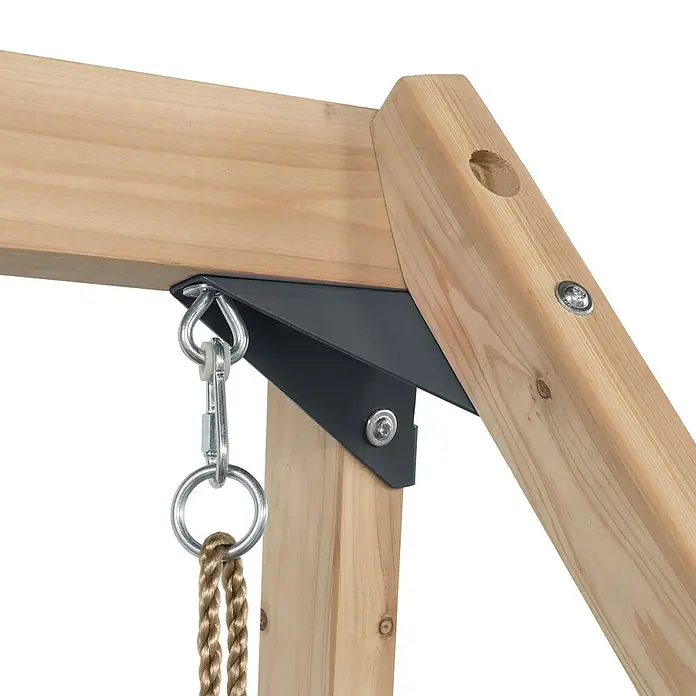 Swing King Doppelschaukel Ava - L x B x H: 73 x 245 x 170 cm, Holz, Blau - Detailansicht einer Holzschaukel-Konstruktion mit Metallhalterung und Seil, die Stabilität und sicheren Halt bietet.
