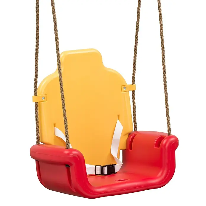 Swing King Babyschaukel - L x B x H: 30 x 47 x 47 cm, Kunststoff, Altersempfehlung: 0 Jahre - 3 Jahre, Gelb - Eine farbenfrohe Kinderschaukel mit gelber Rückenlehne und rotem Sitz, ideal für sicheren Spaß im Freien.