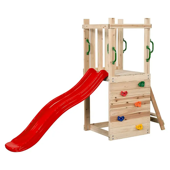 Swing King Kinderspielturm Mari - L x B x H: 245 x 73 x 170 cm, Rot - Hölzerner Spielturm mit roter Rutsche und Kletterwand mit bunten Griffen.