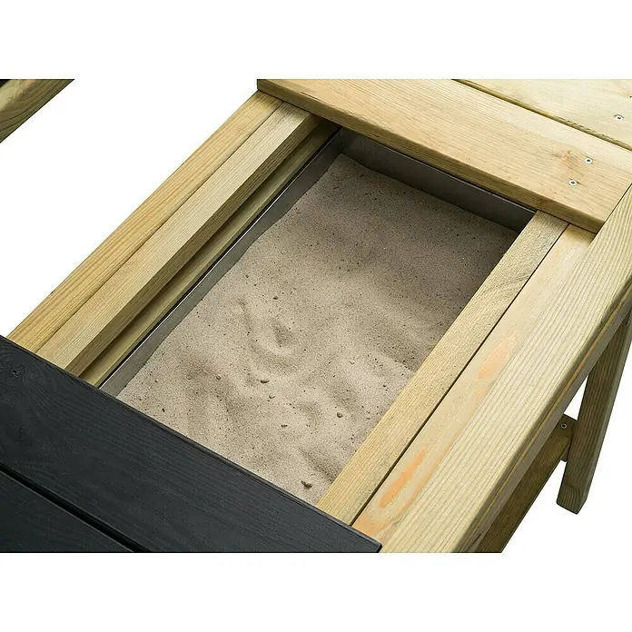 Swing King Matschküche Spielküche - 94,5 x 47,5 x 108 cm, Holz, Holz/Schwarz - Nahaufnahme eines hölzernen Sandkastentisches mit Sand gefüllt, ideal für Kinder zum Spielen im Freien.