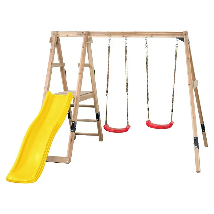 Swing King Doppelschaukel Ava - L x B x H: 73 x 245 x 170 cm, Holz, Gelb - Holzschaukel und Rutsche Kombi mit gelber Rutsche und zwei roten Schaukeln für Kinder.