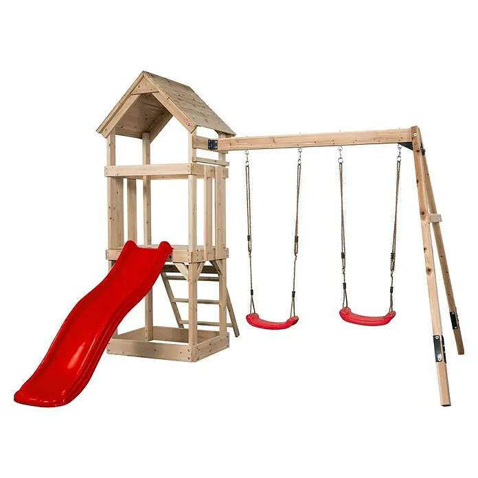 Swing King Kinderspielturm Noa - L x B x H: 280 x 265 x 235 cm, Rot - Hölzernes Spielgerüst mit roter Rutsche und drei roten Schaukeln für den Spielplatz.