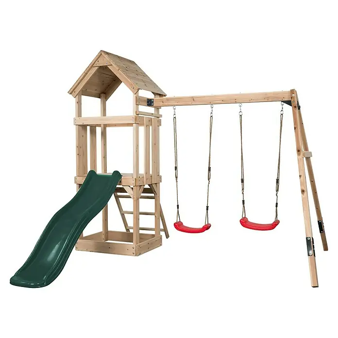 Swing King Kinderspielturm Noa - L x B x H: 280 x 265 x 235 cm, Grün - Outdoor-Spielplatz aus Holz mit grüner Rutsche und drei roten Schaukeln.