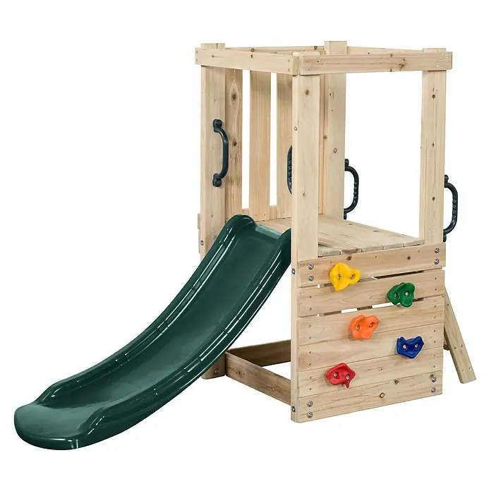 Swing King Kinderspielturm Mari Small - L x B x H: 65 x 170 x 120 cm, Holz/Grün - Hölzerner Kinderspielturm mit dunkelgrüner Rutsche, schwarzen Griffen und bunten Klettersteinen.