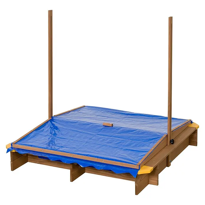 Swing King Sandkasten Ibiza - 120 x 120 x 18 cm - Holzsandkasten mit blauer Planenabdeckung und zwei hohen Holzstangen für ein Sonnendach.