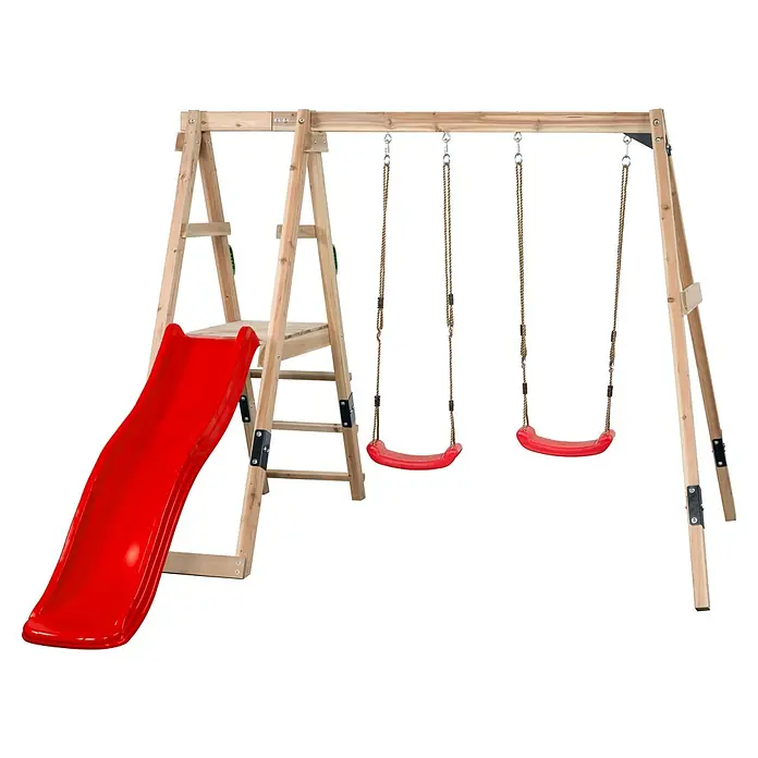 Swing King Doppelschaukel Ava - L x B x H: 73 x 245 x 170 cm, Holz, Rot - Holzschaukel mit roter Rutsche und zwei roten Schaukeln.