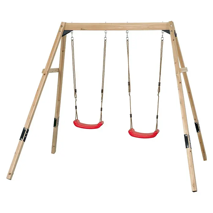 Swing King Schaukel Olivia - B x L: 130 x 200 cm, Holz - Holzschaukel mit zwei roten Schaukelsitzen und seitlicher Leiter. Ideal für den Garten, um Kindern eine Freude zu bereiten und zum Spielen anzuregen.