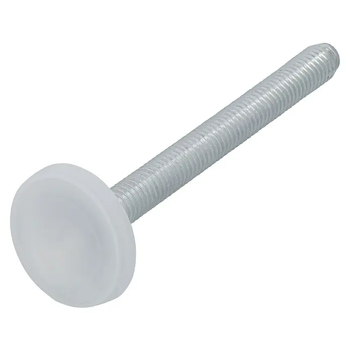 Häfele Regulierschrauben - Ø x L: 30 x 100 mm, M 10 - Nahaufnahme einer Stellschraube mit einem weißen Kunststoffknopf, die zur Justierung und Stabilisierung von Möbeln oder Geräten dient.