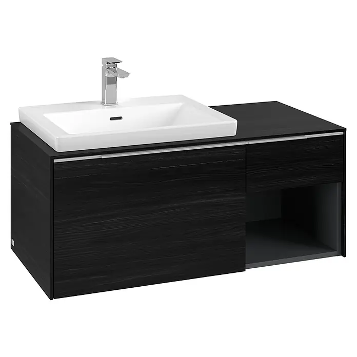 Villeroy & Boch Subway 3.0 Waschbeckenunterschrank - Black Oak, Anzahl Schubladen: 2 Stk., Farbe Griff: Aluminium glänzend, B x T x H: 100,1 x 51,6 x 42,3 cm, Offenes Fach rechts - Dunkler Holz-Waschtischunterschrank mit weißem Keramikwaschbecken, Chromarmatur und offenem Stauraum.