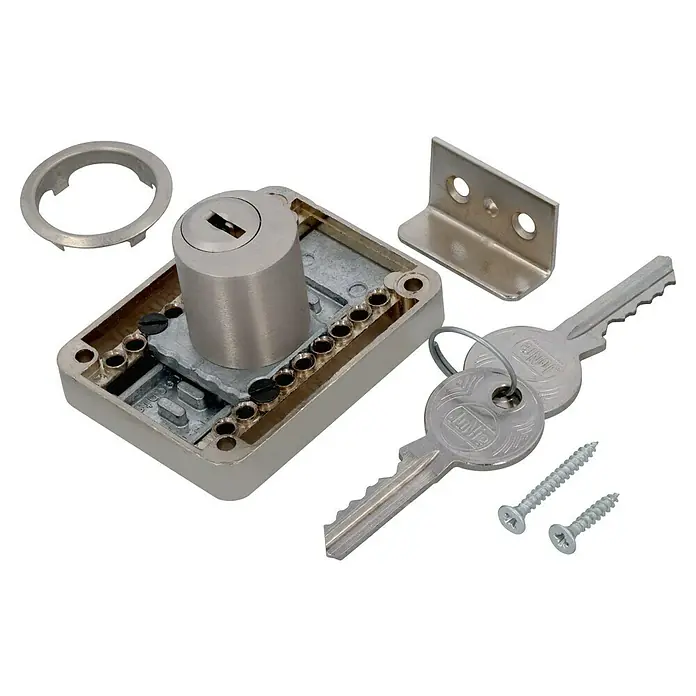 Aufschraub-Riegelschloss - Durchmesser Zylinder: 22 mm, L x B x H: 45 x 59 x 10 mm - Das Bild zeigt ein komplettes Möbelschloss-Set mit Zylinder, Schlüsseln, Winkel, Schrauben und Rosette. Ideal für Schubladen, Schränke und mehr.