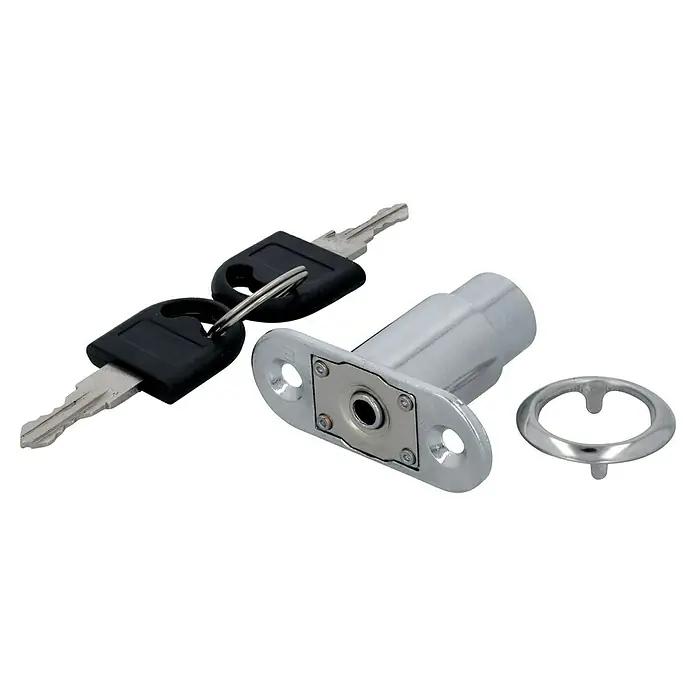 Suki Möbelschloss - Durchmesser Zylinder: 18 mm, Geeignet für: Schiebetüren - Schlossgarnitur mit zwei Schlüsseln und silbernem Zierring. Für Sicherheit und stilvolles Design.