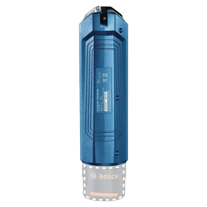 Bosch Professional LED-Arbeitsleuchte GLI 12V-300 - 12 V, Ohne Akku, Lichtstrom: 300 lm - Nahaufnahme der Bosch GLI 10.8V-300 Akku-Lampe, die für ihre Helligkeit und lange Laufzeit bekannt ist. Perfekt für Profis und Heimwerker.