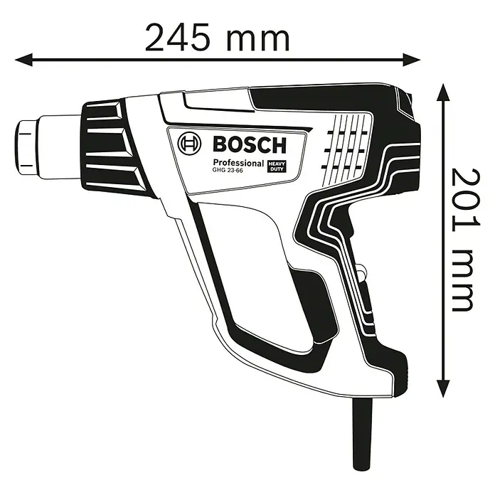 Bosch Professional Heißluftgebläse GHG 23-66 - 2.300 W, 50 °C - 650 °C - Abbildung eines Bosch Heißluftgebläses mit den Abmessungen 245 mm Länge und 201 mm Höhe. Robustes Werkzeug für vielfältige Anwendungen.