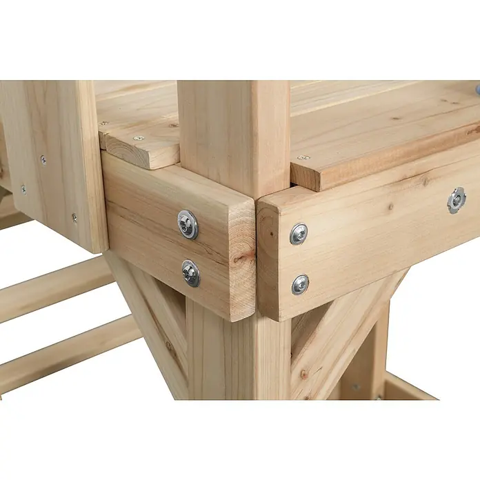 Swing King Kinderspielturm Noa - L x B x H: 280 x 265 x 235 cm, Blau - Nahaufnahme der Holzkonstruktion mit Metallschrauben, die die Teile sichern, Fokus auf Details und Stabilität.