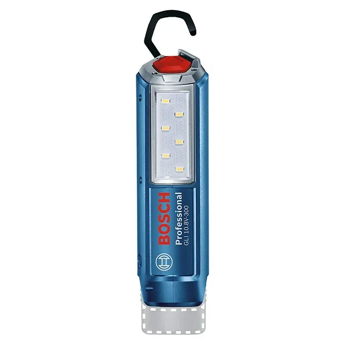 Bosch Professional LED-Arbeitsleuchte GLI 12V-300 - 12 V, Ohne Akku, Lichtstrom: 300 lm - Das Bild zeigt eine Bosch GLI 10.8V-300 Akku-Lampe, ein professionelles Werkzeug für Baustellen und Werkstätten.