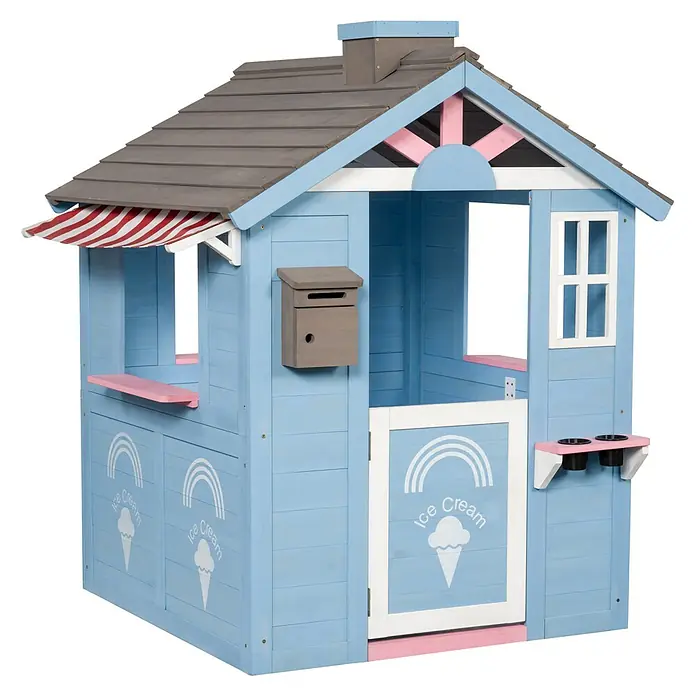 Swing King Spielhaus Icecream - L x B x H: 120 x 108 x 135 cm, Holz, Blau/Weiß/Rosa/Grau - Hellblaues Holzspielhaus mit grauem Dach, rosa Akzenten, Markise und „Ice Cream“-Grafiken, mit Servierfenster und Tür.