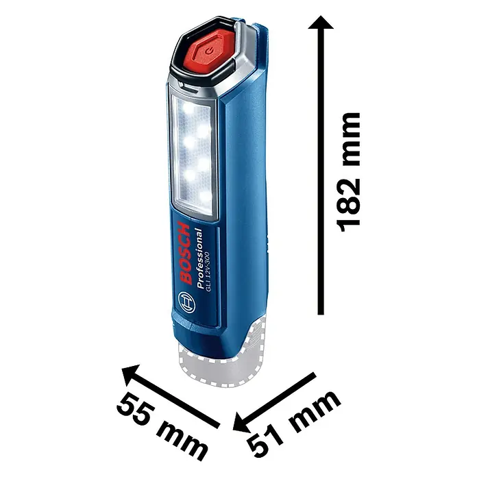 Bosch Professional LED-Arbeitsleuchte GLI 12V-300 - 12 V, Ohne Akku, Lichtstrom: 300 lm - Bild einer Bosch GLI 12V-300 Professional Arbeitsleuchte mit Größenangaben. Kompaktes Design für flexible Ausleuchtung.