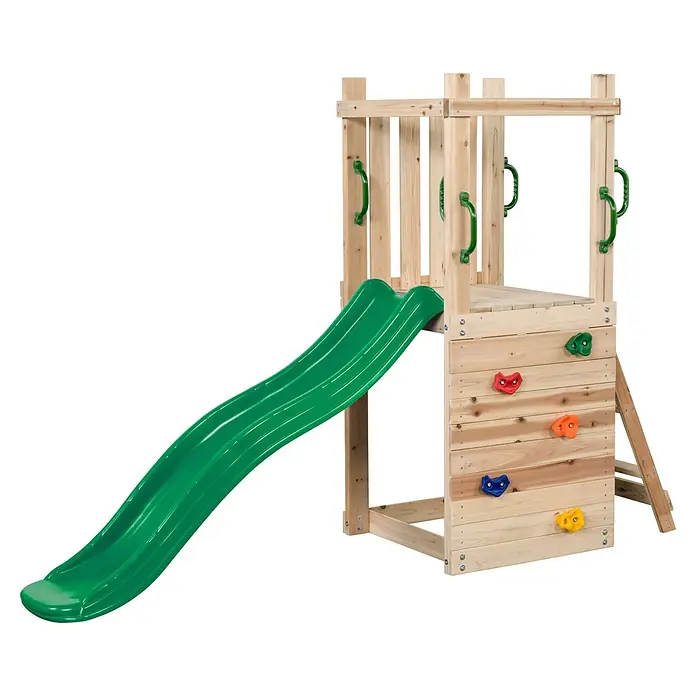 Swing King Kinderspielturm Mari - L x B x H: 245 x 73 x 170 cm, Grün - Hölzernes Spielgerüst mit grüner Wellenrutsche und bunten Klettergriffen.