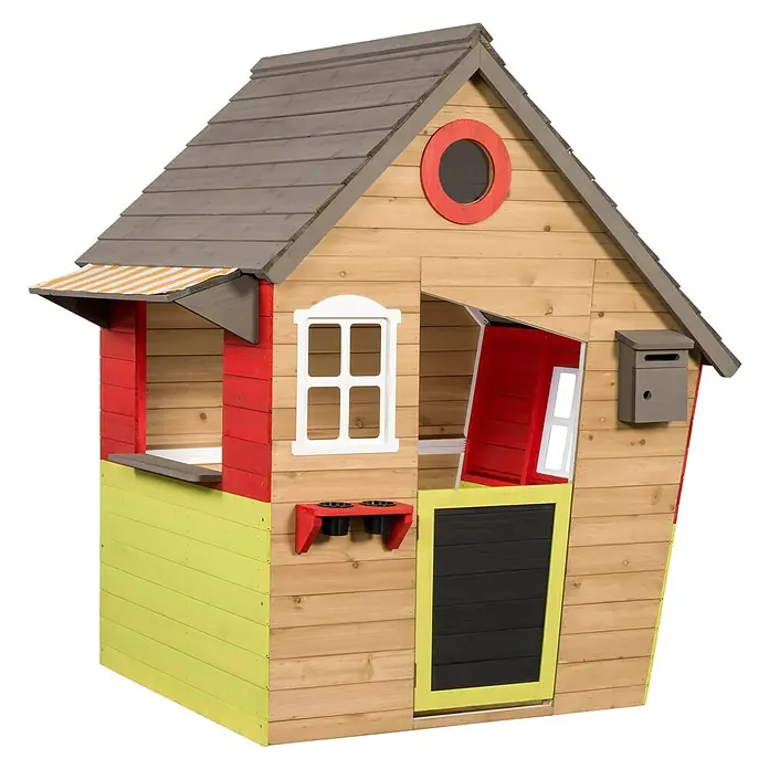 Swing King Spielhaus Fairytale - L x B x H: 140 x 106 x 145 cm, Holz, Gelb/Rot/Weiß/Holz/Grau - Buntes Holzspielhaus mit grauem Dach, roten und gelben Akzenten, Fenstern, einer Kreidetafeltür und einer Markise.