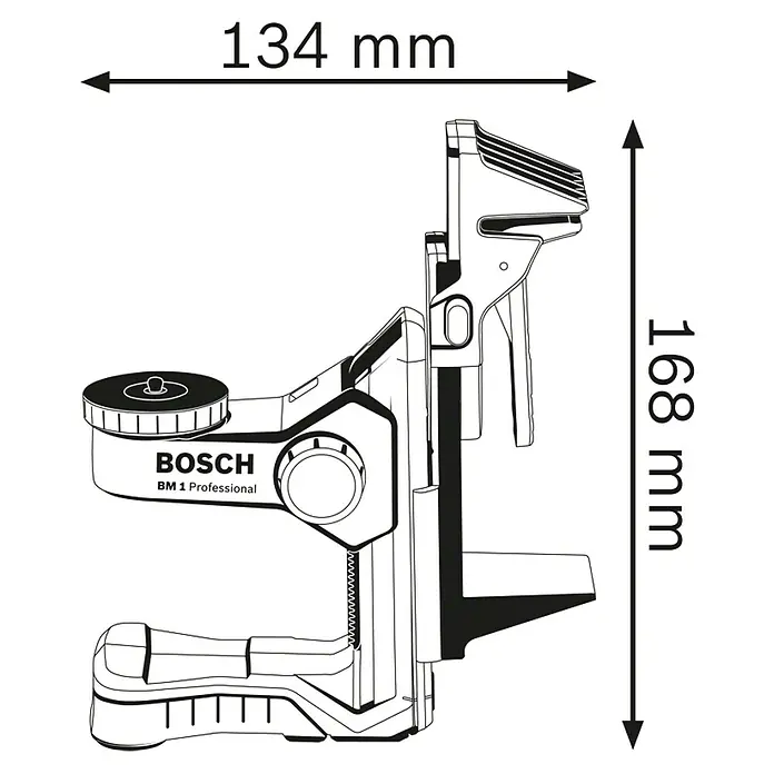Bosch Professional Universalhalterung BM 1 - Passend für: Bosch Linien- und Kombilaser mit 1/4"-Stativgewinde - Produktabbildung mit Maßangaben. Präzise Maße für eine detaillierte Produktansicht.