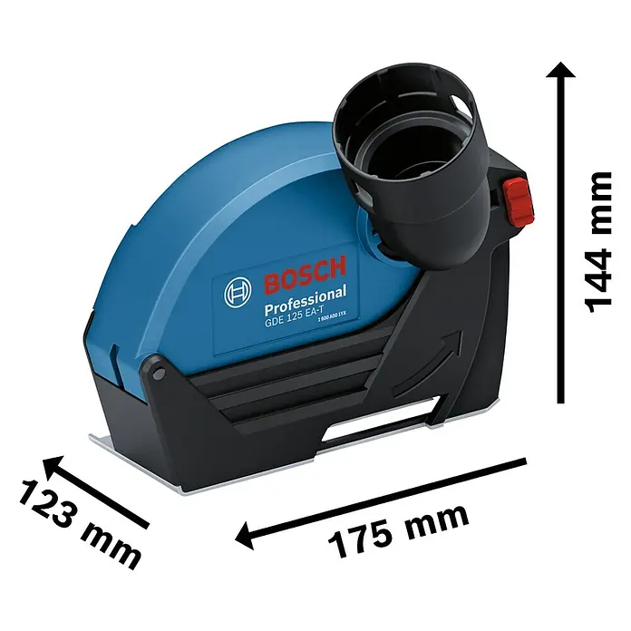 Bosch Professional Absaugvorrichtung GDE 125 EA-T - Passend für: Bosch Winkelschleifer GWS-Serie mit Ø 125 mm - Staubabsaugung Bosch Professional GDE 125 EA-T mit den Maßen 123 mm x 175 mm x 144 mm.