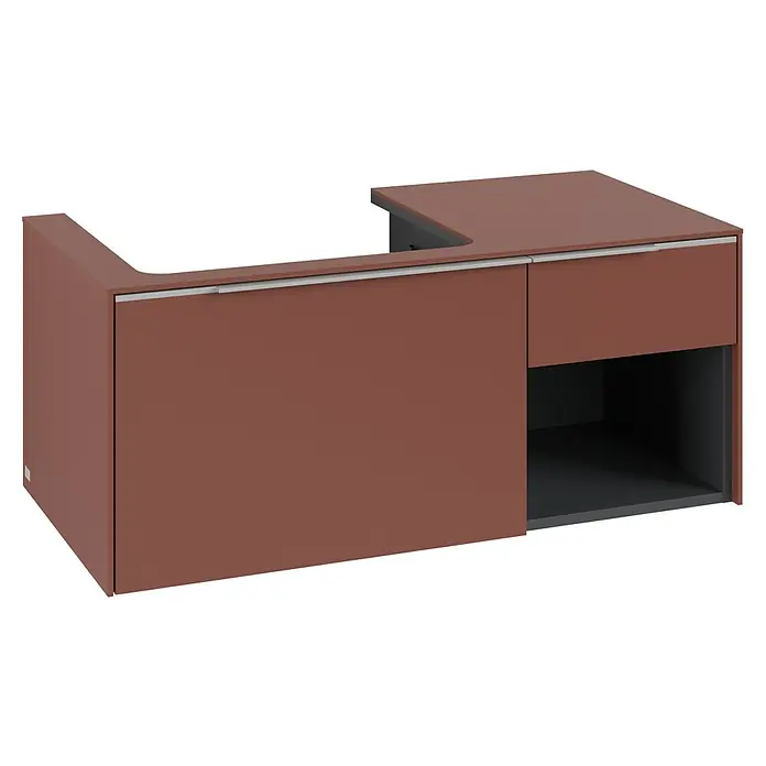 Villeroy & Boch Subway 3.0 Waschbeckenunterschrank - Wine Red, Anzahl Schubladen: 2 Stk., Farbe Griff: Aluminium glänzend, B x T x H: 100,1 x 51,6 x 42,3 cm, Offenes Fach rechts - Rostbrauner L-förmiger schwimmender Badezimmerschrank mit silbernem Griff und offenem Ablagefach.