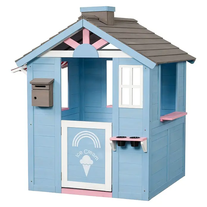 Swing King Spielhaus Icecream - L x B x H: 120 x 108 x 135 cm, Holz, Blau/Weiß/Rosa/Grau - Blau-rosa Holzspielhaus mit grauem Dach, Briefkasten, Fenstern und "Ice Cream"-Schild an der Tür. Mit Becherhaltern auf einem pinken Regal.