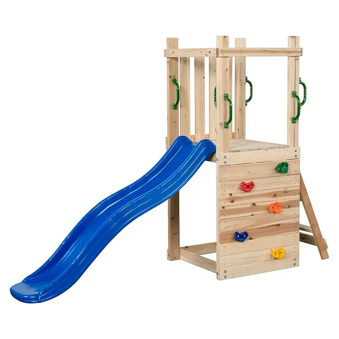 Swing King Kinderspielturm Mari - L x B x H: 245 x 73 x 170 cm, Blau - Spielturm aus Holz mit blauer Rutsche, bunten Klettergriffen und grünen Haltegriffen.