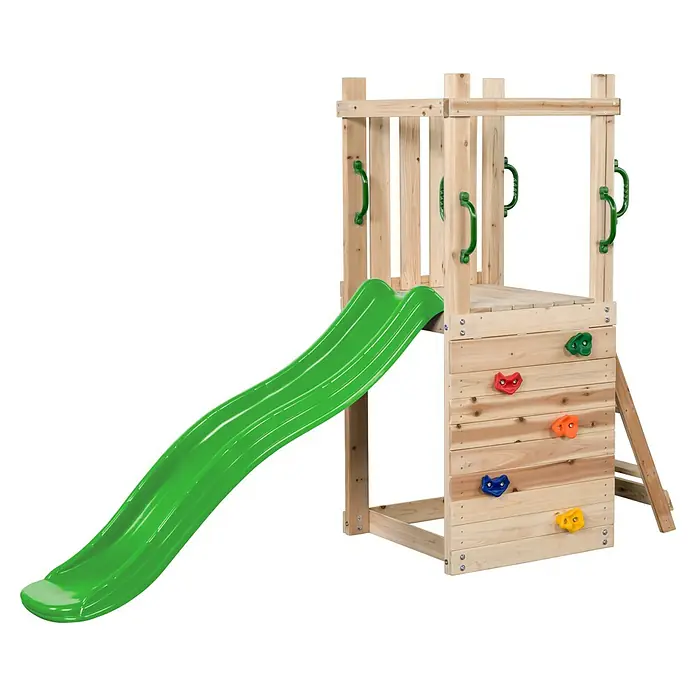 Swing King Kinderspielturm Mari - L x B x H: 245 x 73 x 170 cm, Apfelgrün - Hölzernes Spielturm-Set mit grüner Wellenrutsche, bunten Klettergriffen und einer Holzplattform.