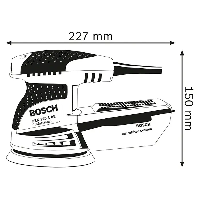 Bosch Professional Elektro-Exzenterschleifer GEX 125-1 AE - 250 W, Durchmesser Schleifteller: 125 mm, Leerlaufdrehzahl: 7.500 U/min - 12.000 U/min - Abbildung eines Bosch GSR 12V-15 FC Professional Akku-Bohrschraubers mit Microfilter System und Längenangaben.